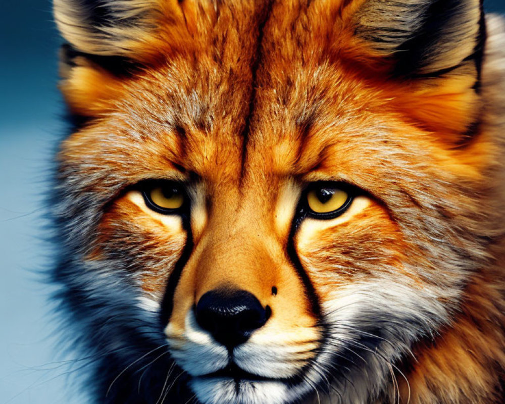 Red Fox Close-Up Portrait: Intense Yellow Eyes and Vibrant Fur on Blue Background