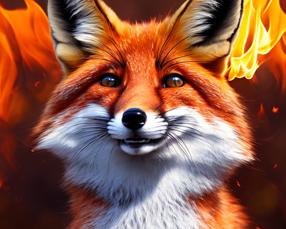 Digital illustration: Fox with blue eyes in fiery backdrop