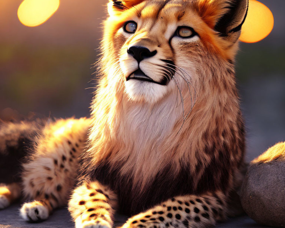 Cheetah relaxing at dusk in warm sunset glow