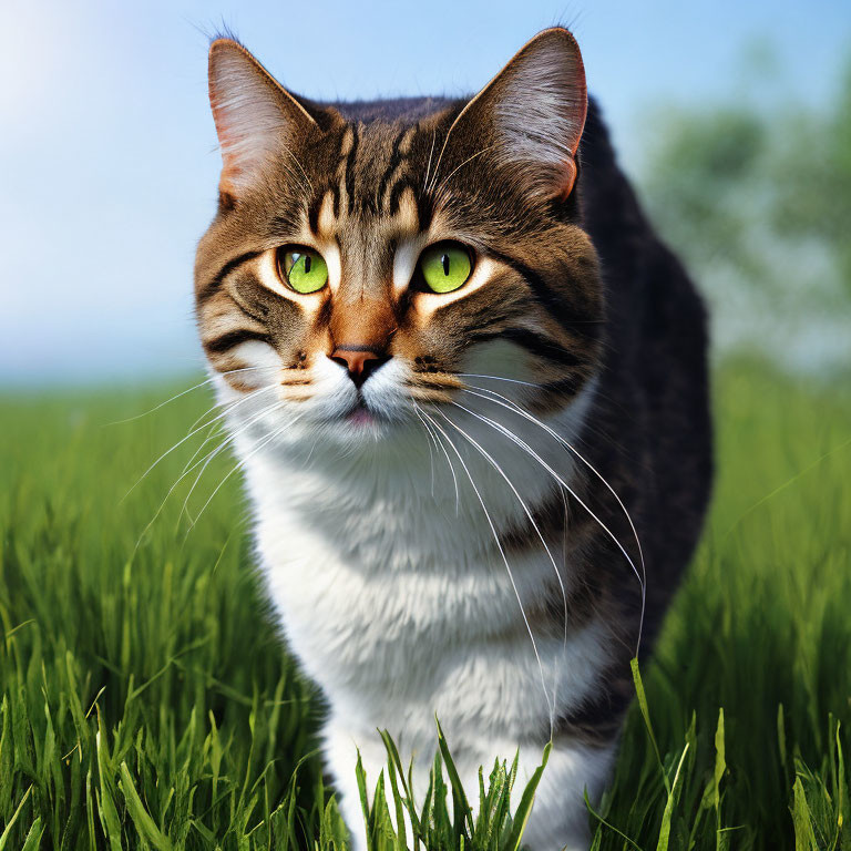 Tabby Cat with Green Eyes in Lush Grass Field