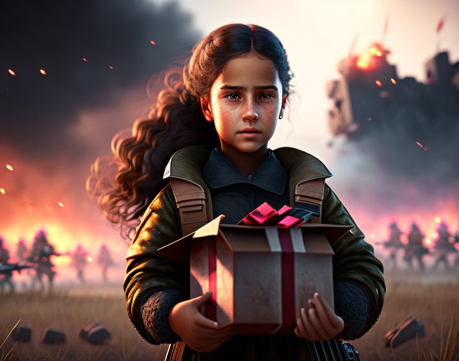 Young girl holding gift box in chaotic scene.