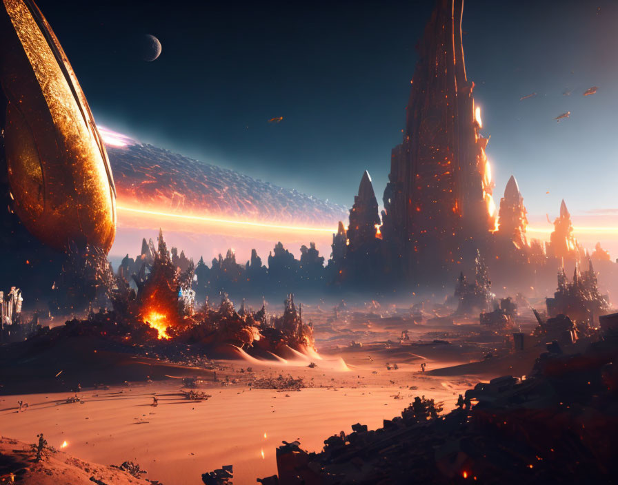 Alien planet with surreal sci-fi landscape and celestial bodies