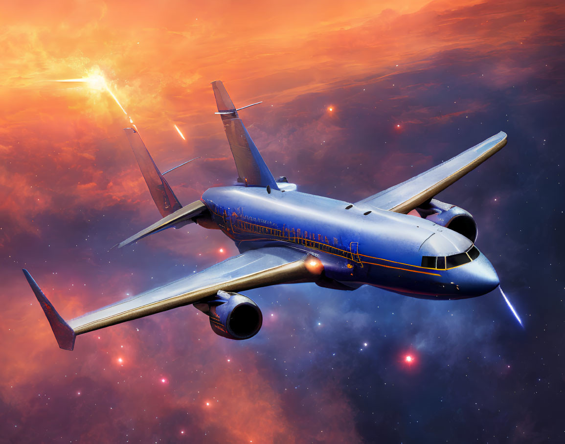 Vibrant surreal space scene with commercial airplane in flight