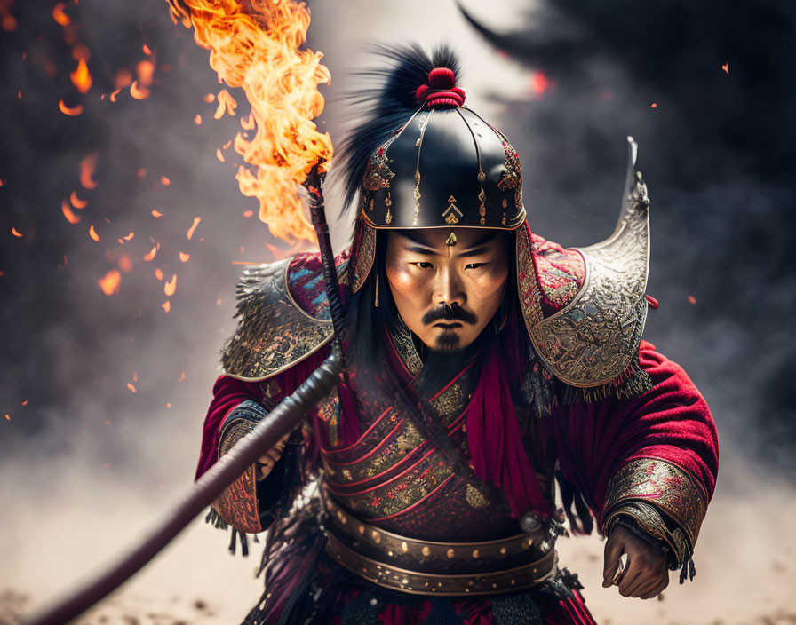 Traditional East Asian warrior in armor with spear amidst swirling flames and embers