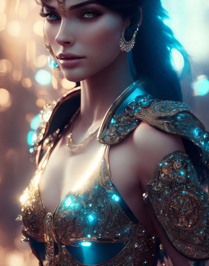 Mystical woman in golden ornate armor on bokeh background