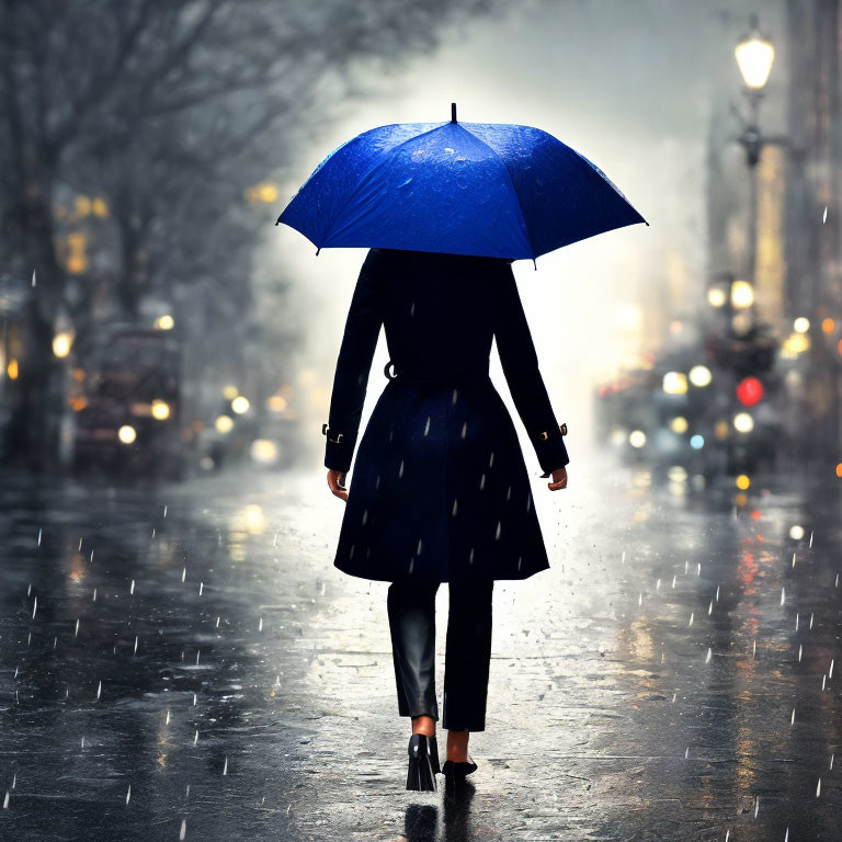 Pedestrian with blue umbrella in rainy city night scene