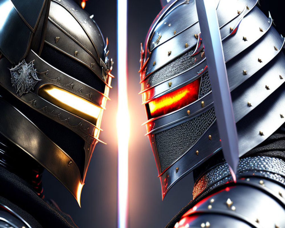 Medieval knights in detailed armor face off with glowing red visor