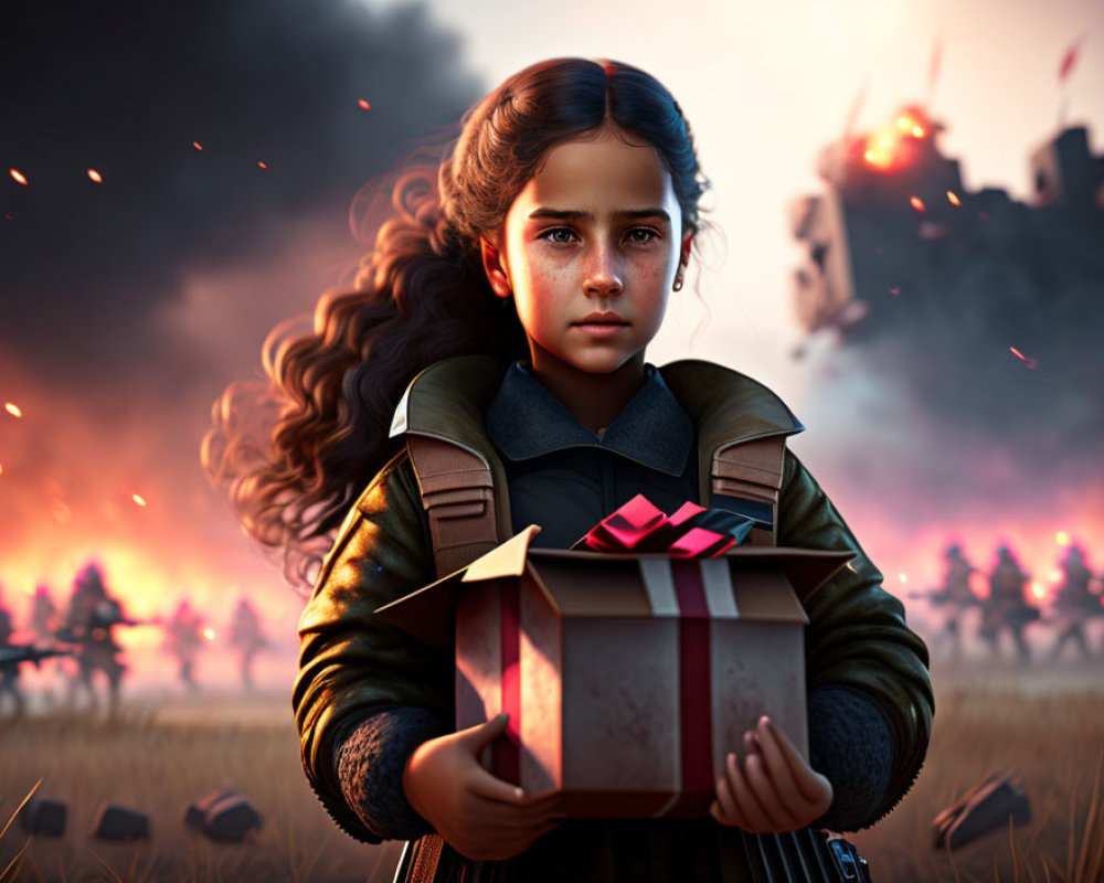 Young girl holding gift box in chaotic scene.