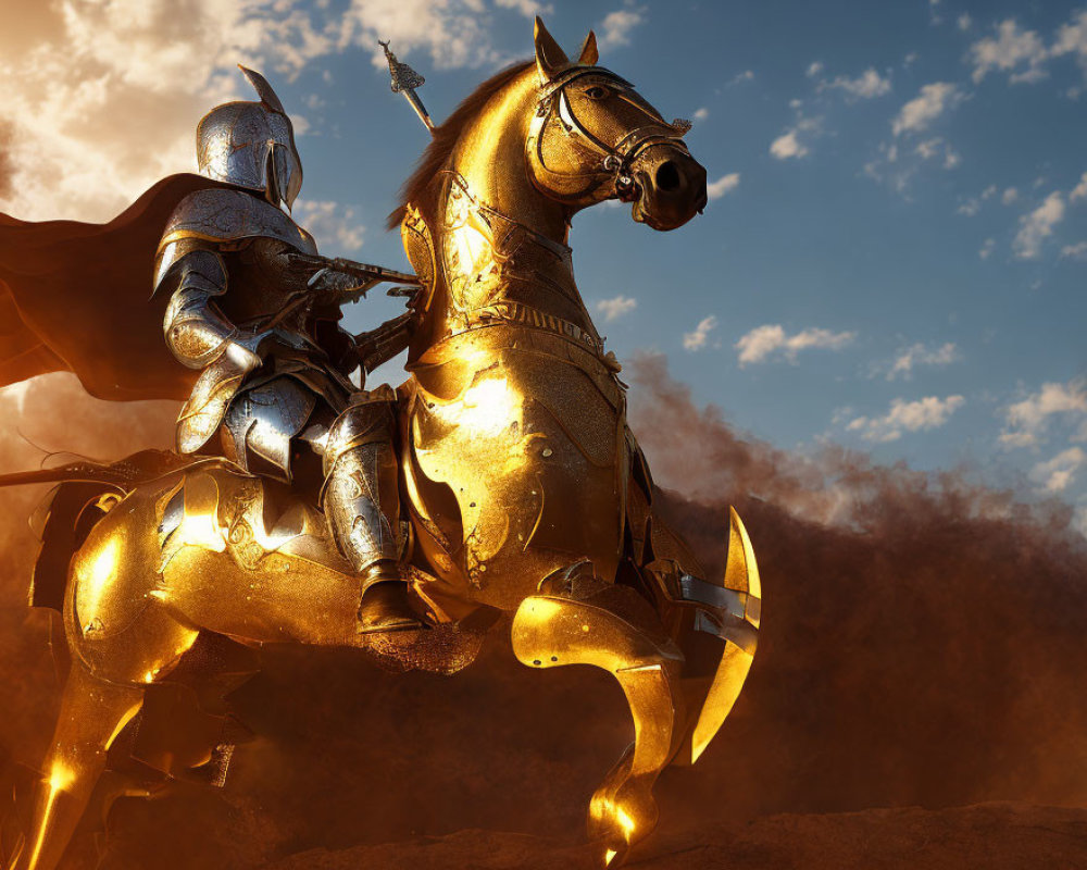 Majestic knight on horse in golden armor against dramatic sky