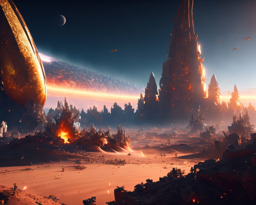 Alien planet with surreal sci-fi landscape and celestial bodies