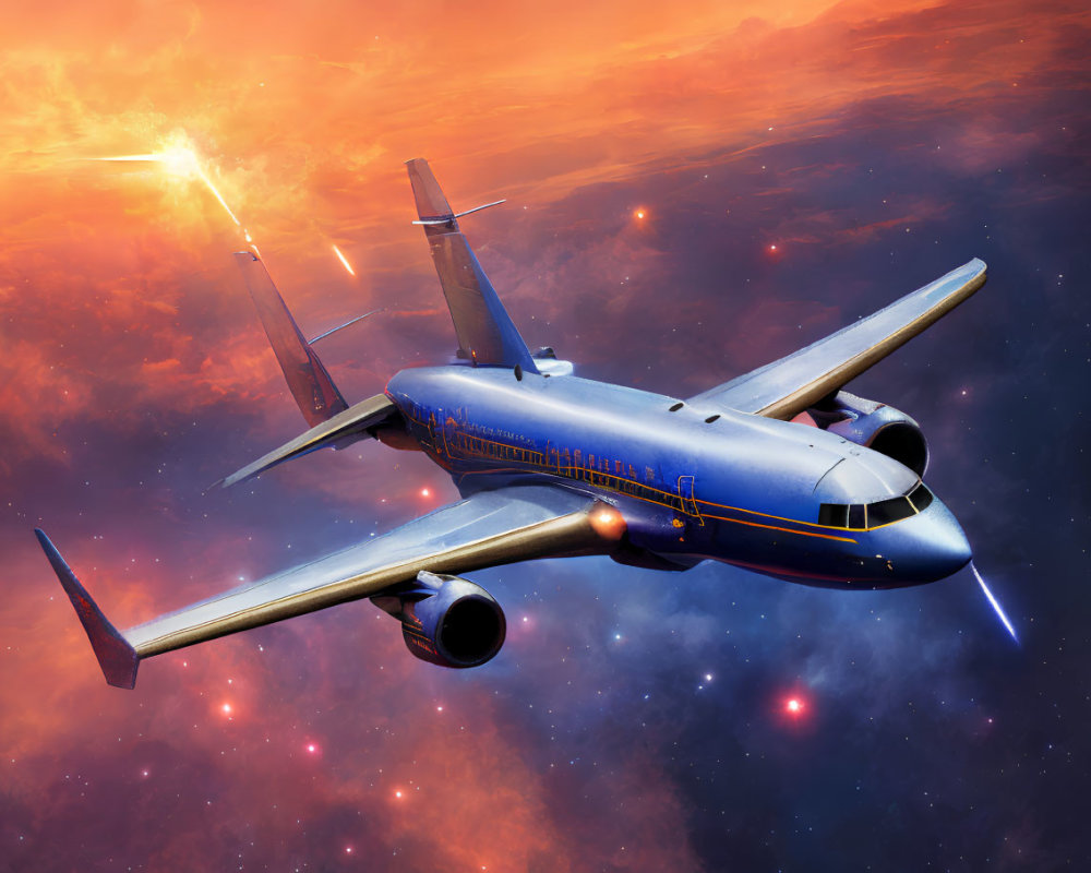 Vibrant surreal space scene with commercial airplane in flight