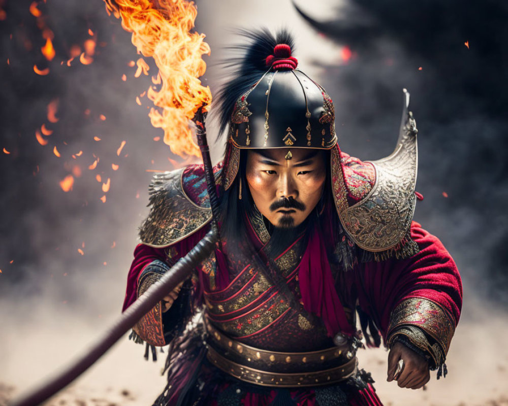 Traditional East Asian warrior in armor with spear amidst swirling flames and embers