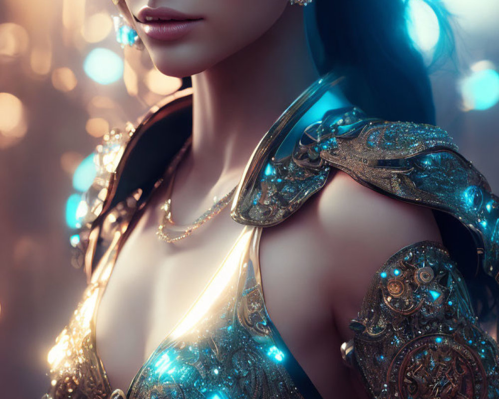Mystical woman in golden ornate armor on bokeh background