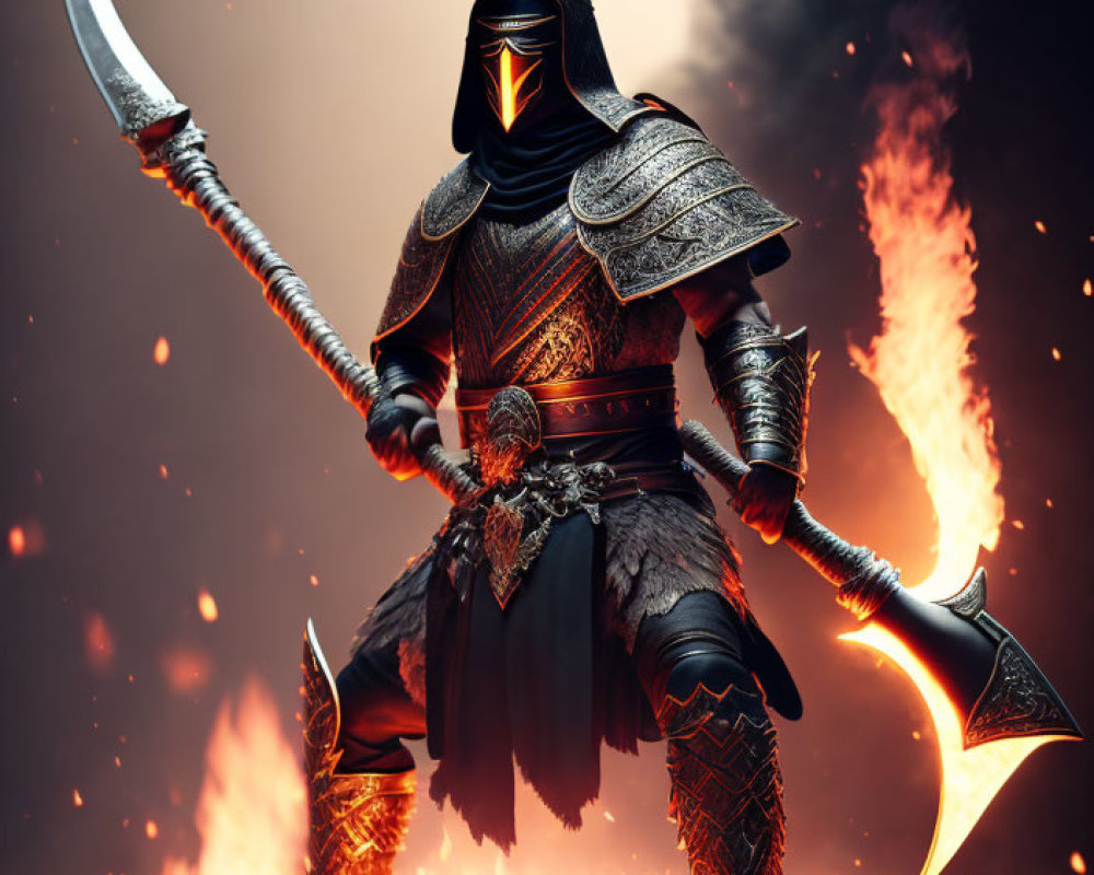 Armored warrior with twin blades in fiery backdrop.