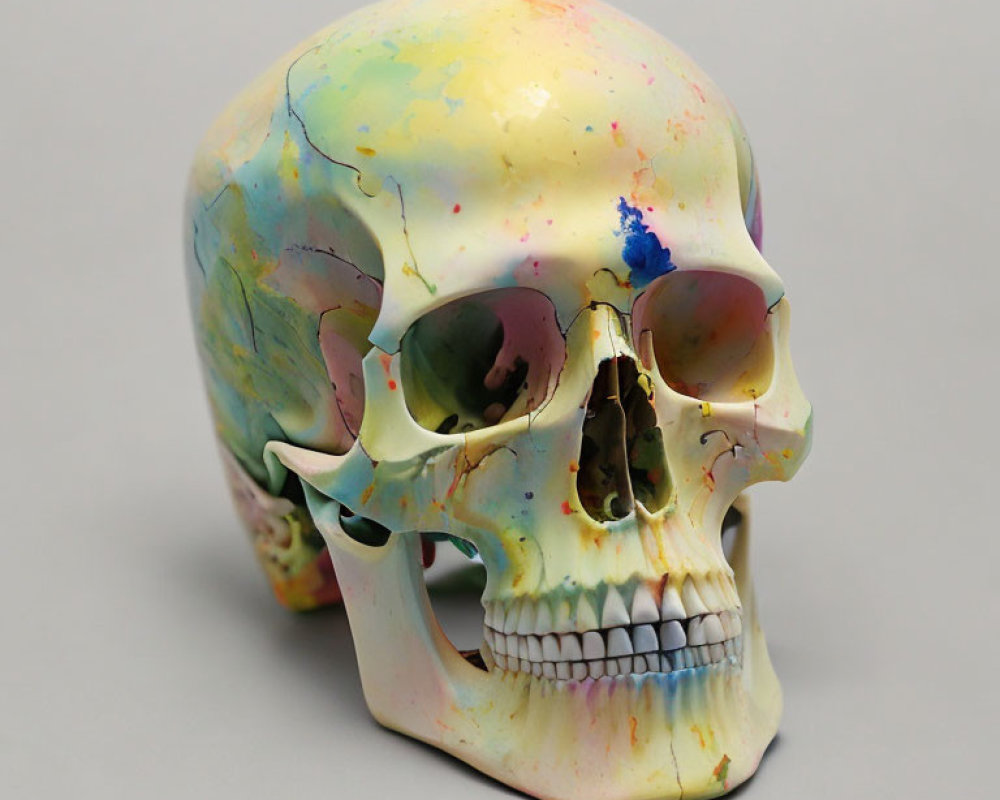 Colorful Paint Splatter Human Skull Replica & Paintbrush on Neutral Background