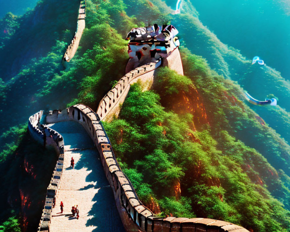 Great Wall of China winding through lush mountains with visitors walking