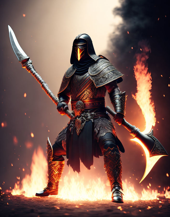 Armored warrior with twin blades in fiery backdrop.