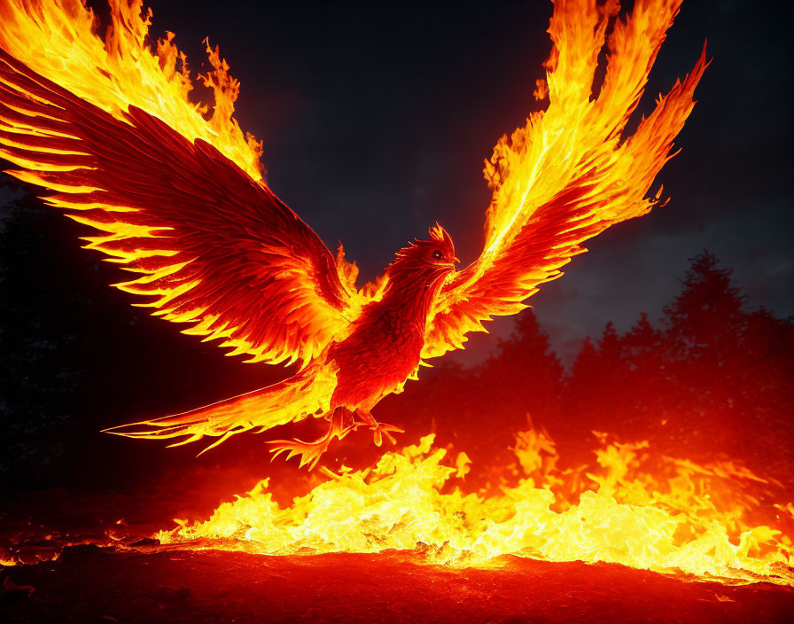 Fiery phoenix mid-flight against dark backdrop