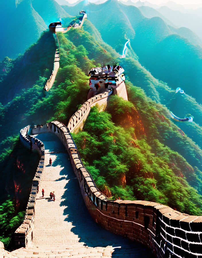 Great Wall of China winding through lush mountains with visitors walking