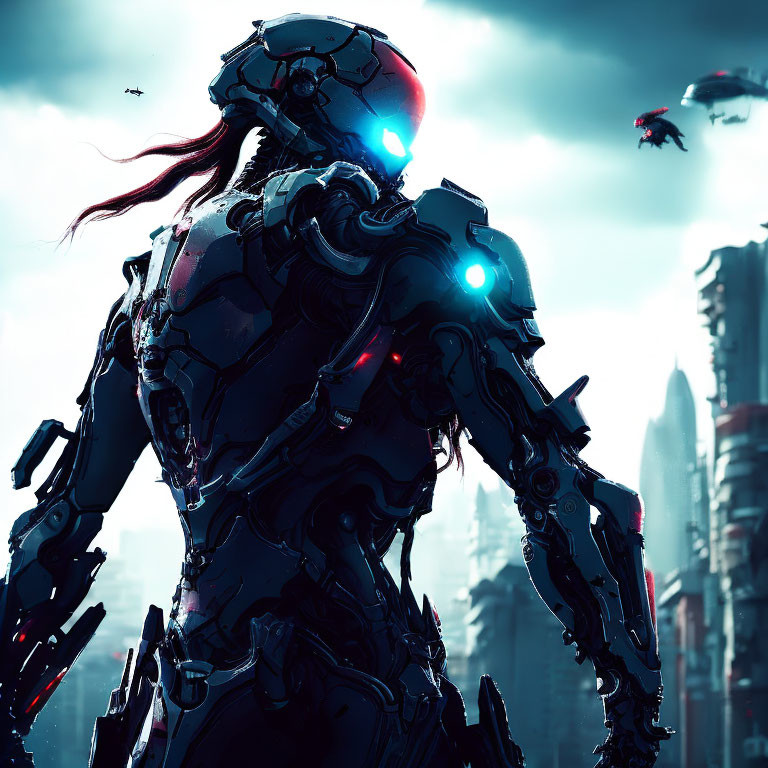 Futuristic armored figure with glowing blue lights against overcast skyline and drones.