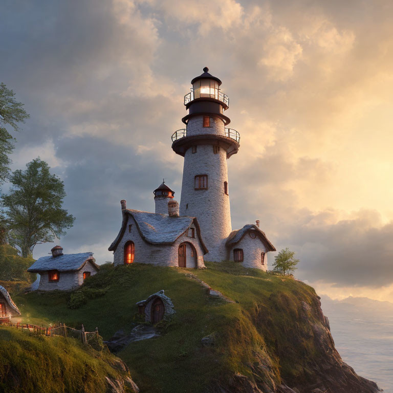 Scenic lighthouse and cottages on grassy hill at dusk