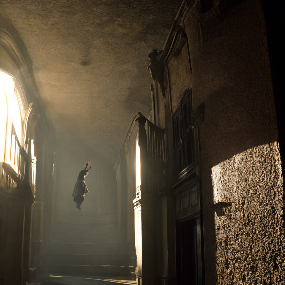 Mysterious figure levitating in baroque-style hallway