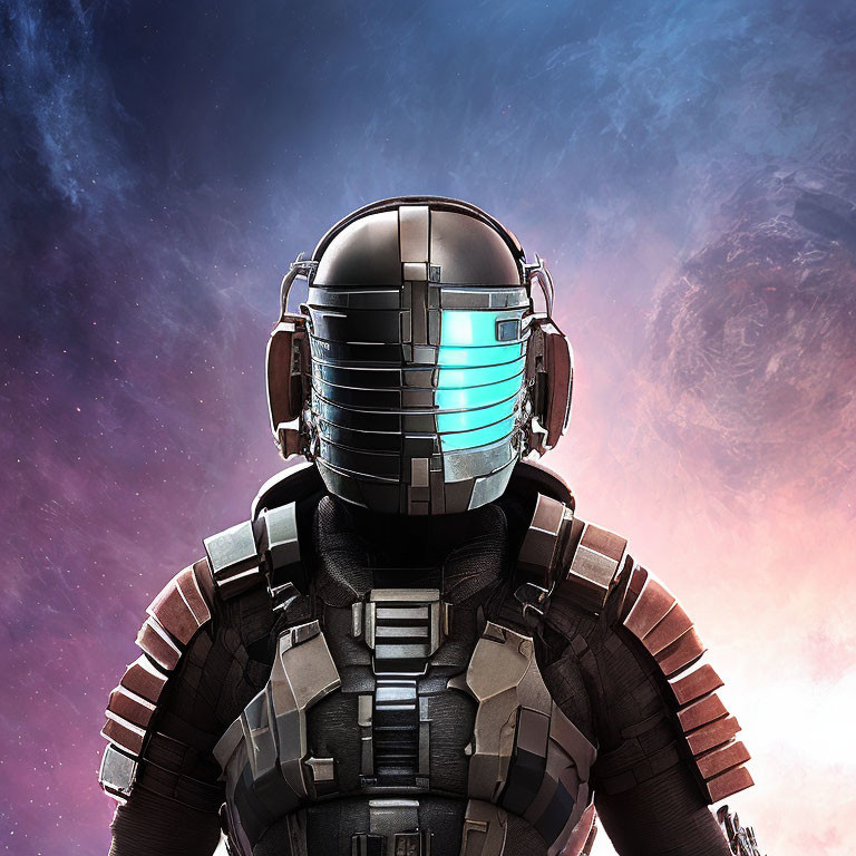 Armored figure with glowing visor in cosmic setting