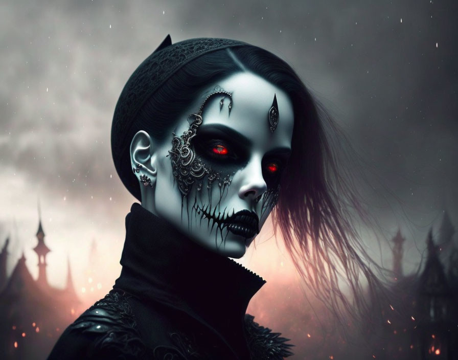 Gothic figure with skull makeup in dark attire against castle-filled backdrop