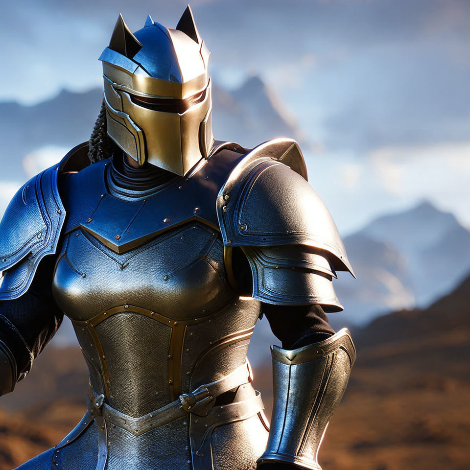 Knight in Shining Armor Overlooking Mountainous Landscape at Sunset