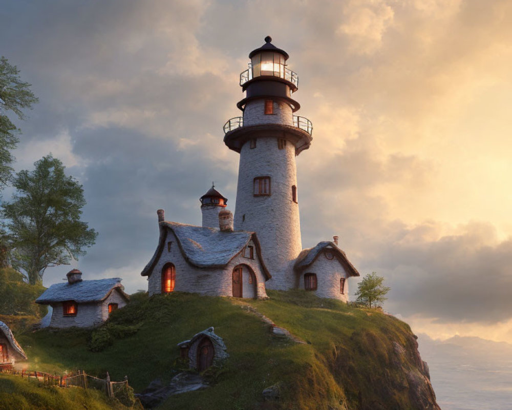 Scenic lighthouse and cottages on grassy hill at dusk