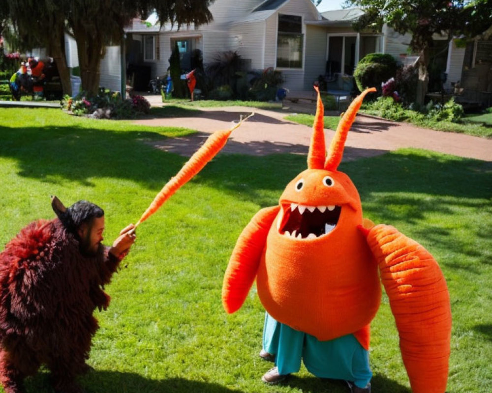 Two people in furry and monster costumes in sunny suburban yard