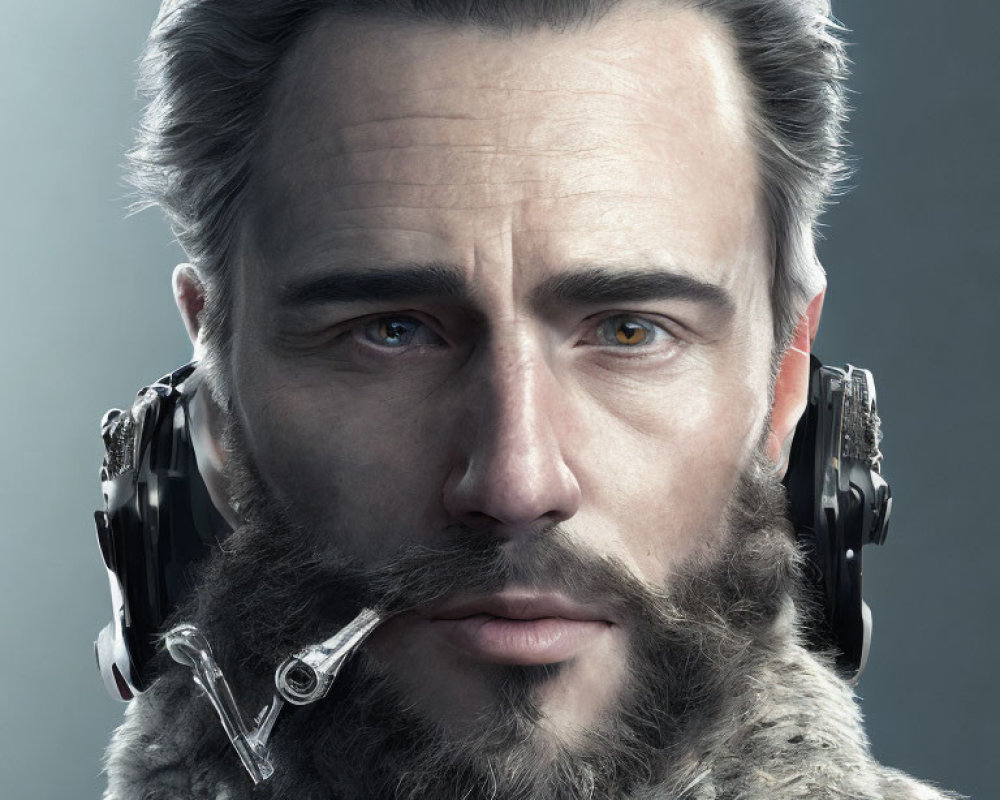 Man with Cybernetic Enhancements: Mechanical Ears, Jaw Device, Full Beard