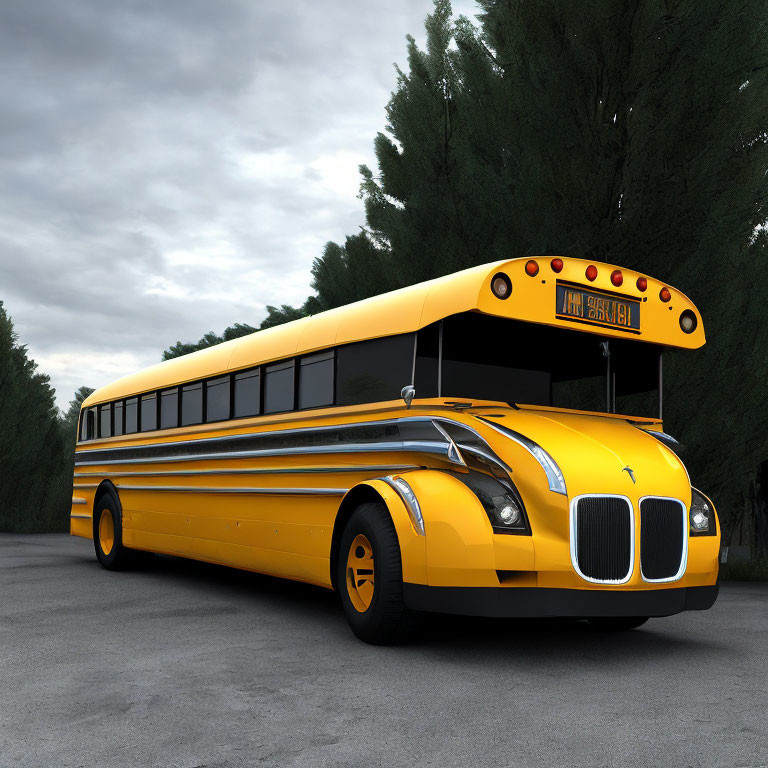 Yellow School Bus with Black Stripes and Chrome Detailing Parked on Asphalt Among Green Trees