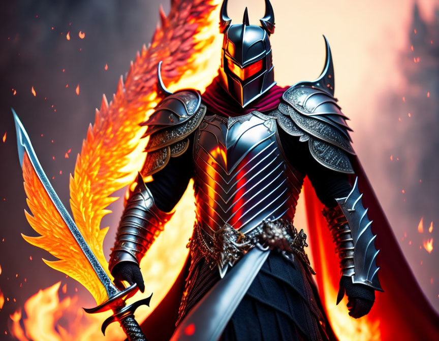 Stylized black armored knight with flaming wings and sword in fiery setting