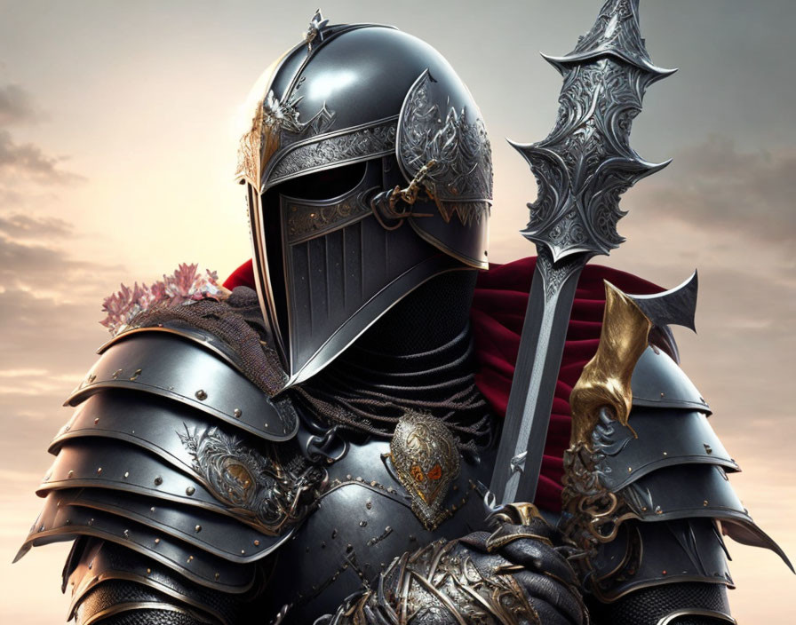 Detailed Knight in Ornate Armor with Decorative Mace on Cloudy Sky Background