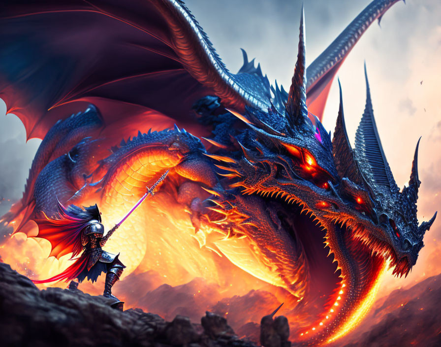 Armored knight confronts giant dragon in dramatic sky scene