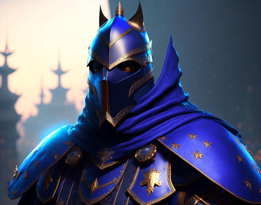 Ornate blue armor knight with gold trim and star-adorned cloak in front of silhou