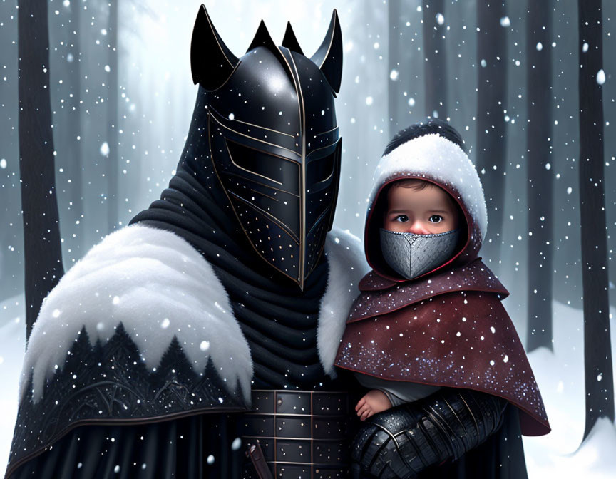 Knight in dark armor holding child in snowy forest with falling snowflakes