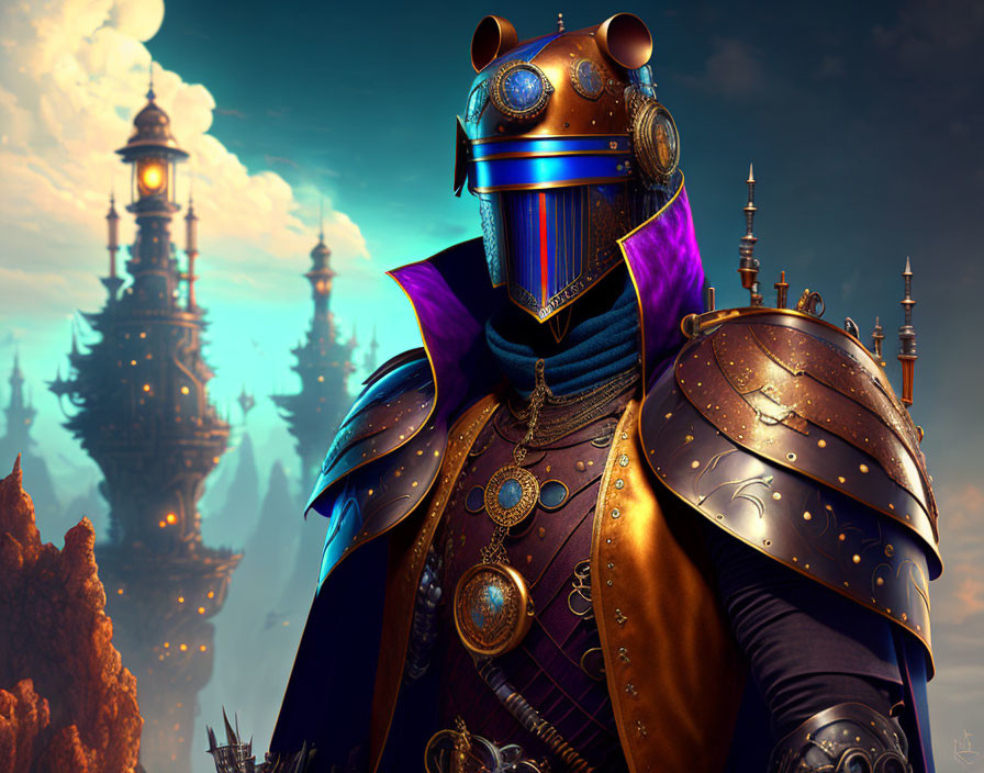 Stylized knight in golden armor before fantastical castle