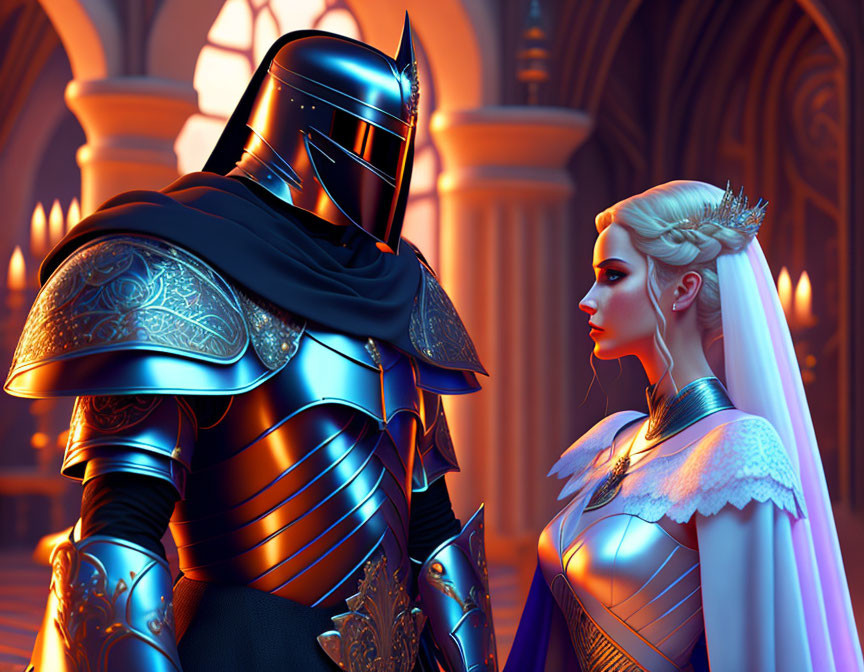 Medieval knight and noblewoman in ornate attire in neon-lit hall