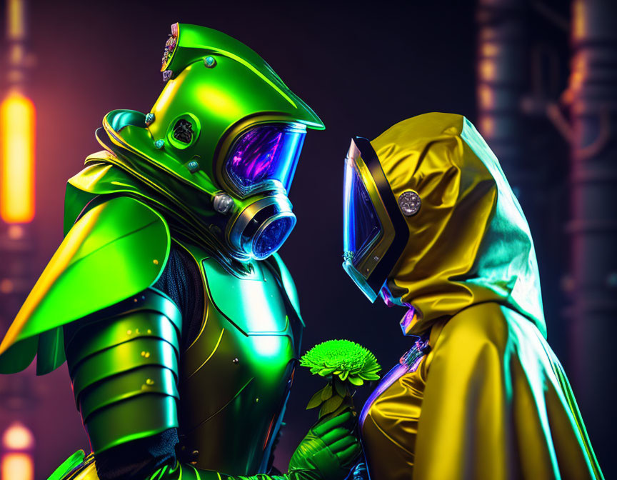 Futuristic green and yellow figures with helmets and flower under neon lights