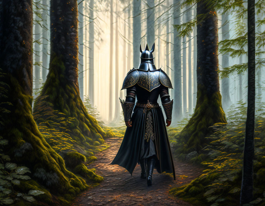 Knight in Ornate Armor Walking Through Misty Forest