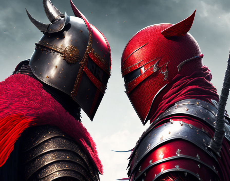 Armored medieval knights under cloudy sky: black helmet with horns vs. red helmet with wing-like adorn