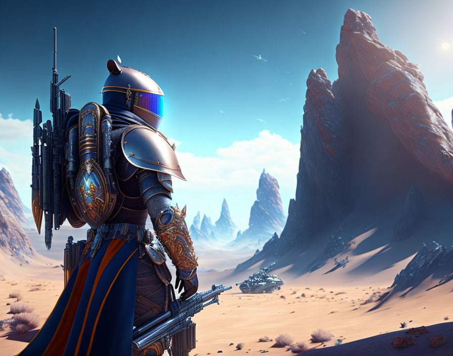 Futuristic knight in ornate armor in desert landscape with city view.