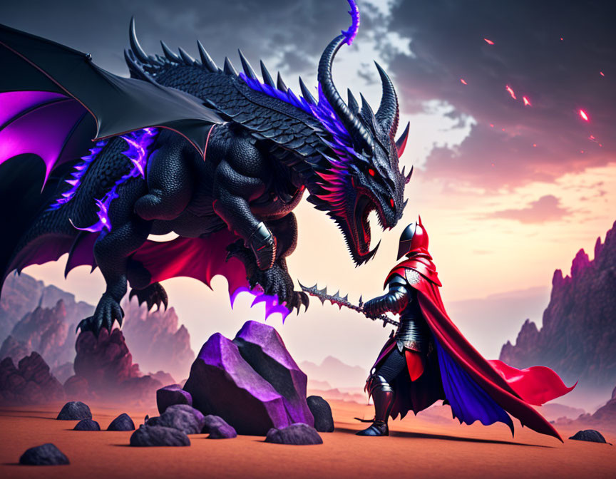 Red-armored knight confronts black dragon under twilight sky