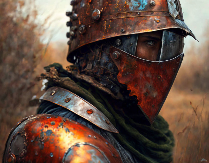 Medieval helmet with green scarf in autumnal setting.