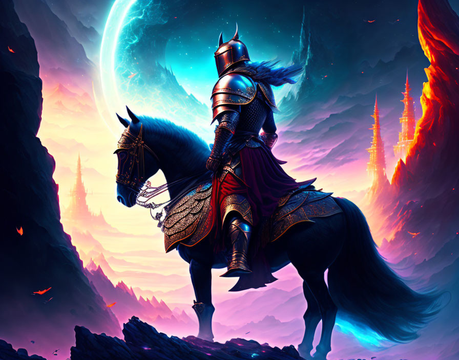 Knight in armor on horse in fantastical scene with large moon, vibrant sky, and castle.