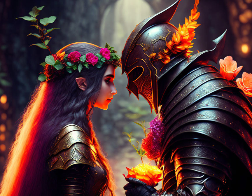 Armored knight and female elf with flowers in misty forest.