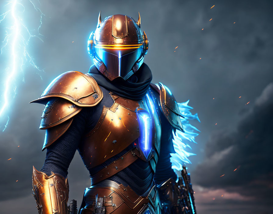 Futuristic knight in blue and orange armor under stormy sky