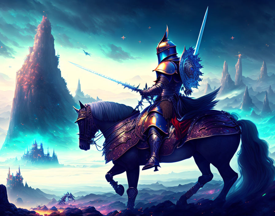 Armored knight on horseback in fantastical landscape